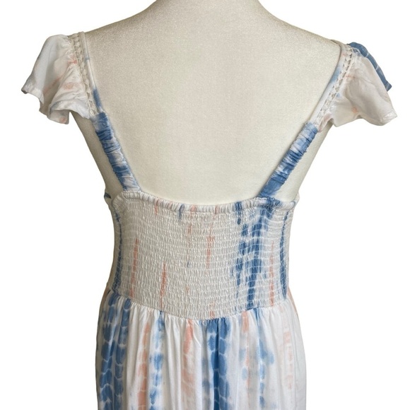 JAPNA Tie Dye Smocked Crochet Maxi Dress Ruffled Cap Sleeves White/Blue/Pink M - Picture 10 of 15
